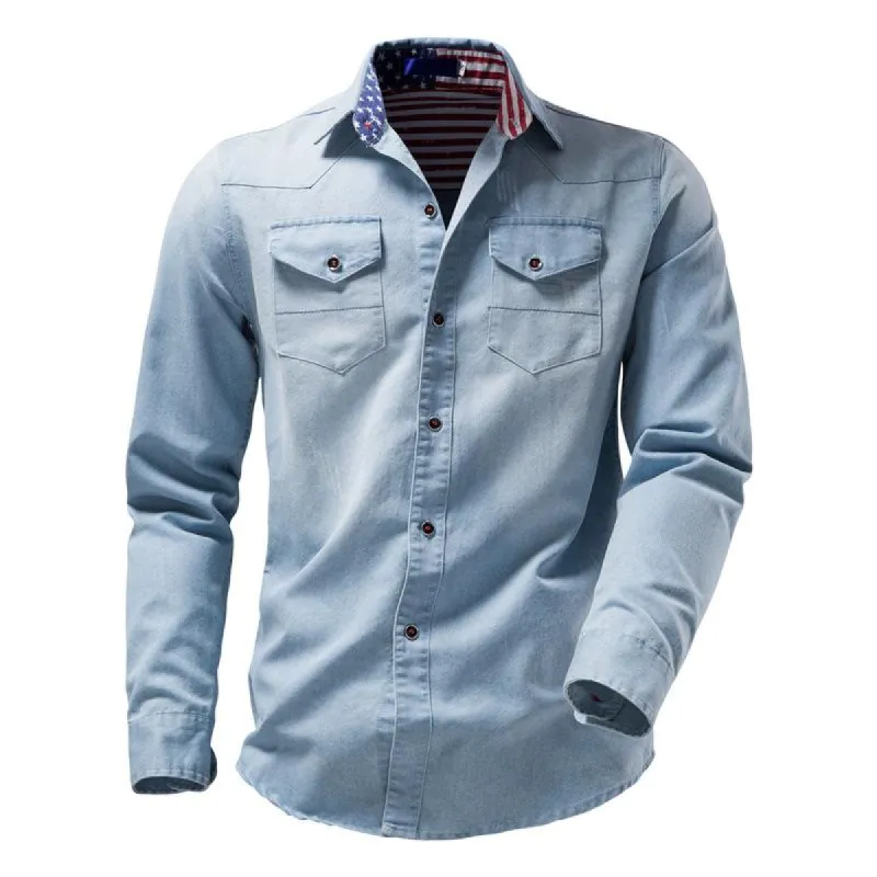 Men's Casual Lapel Long Sleeve Washed Denim Shirt 36975779M sold by Manly