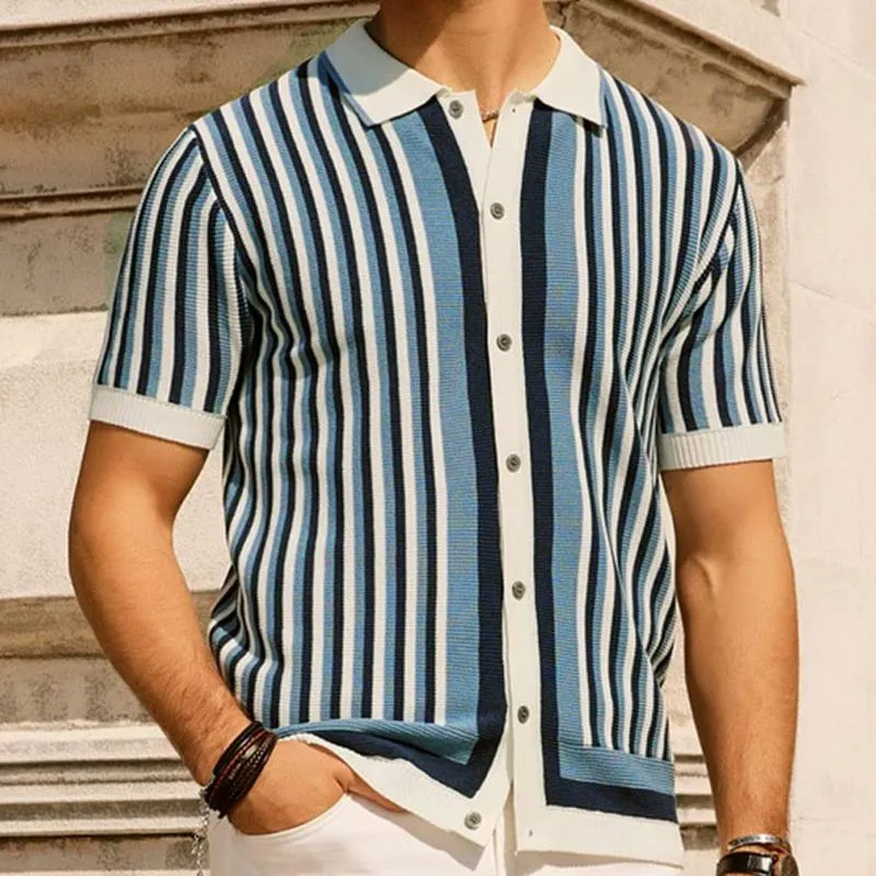 Men's Casual Ice Silk Striped Knitted Lapel Short-Sleeved Cardigan 08944932M sold by Manly product image thumbnail 3