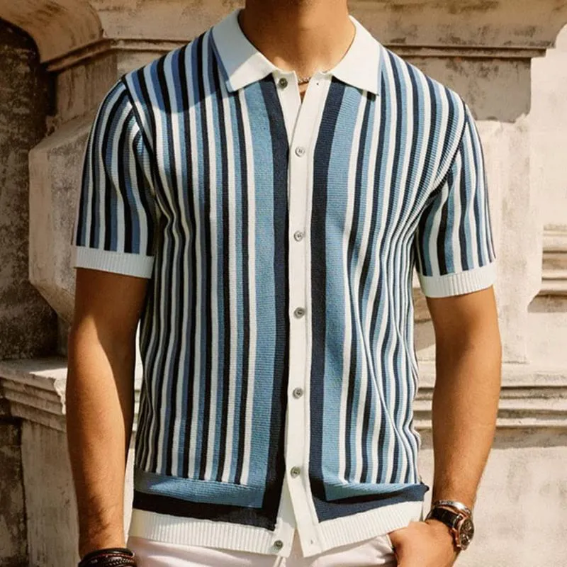 Men's Casual Ice Silk Striped Knitted Lapel Short-Sleeved Cardigan 08944932M sold by Manly product image thumbnail 2
