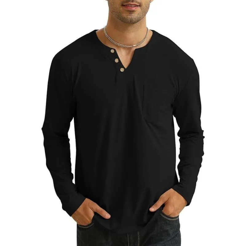 Men's Casual Solid Color V-Neck Chest Pocket Long Sleeve T-Shirt 58233004Y sold by Manly