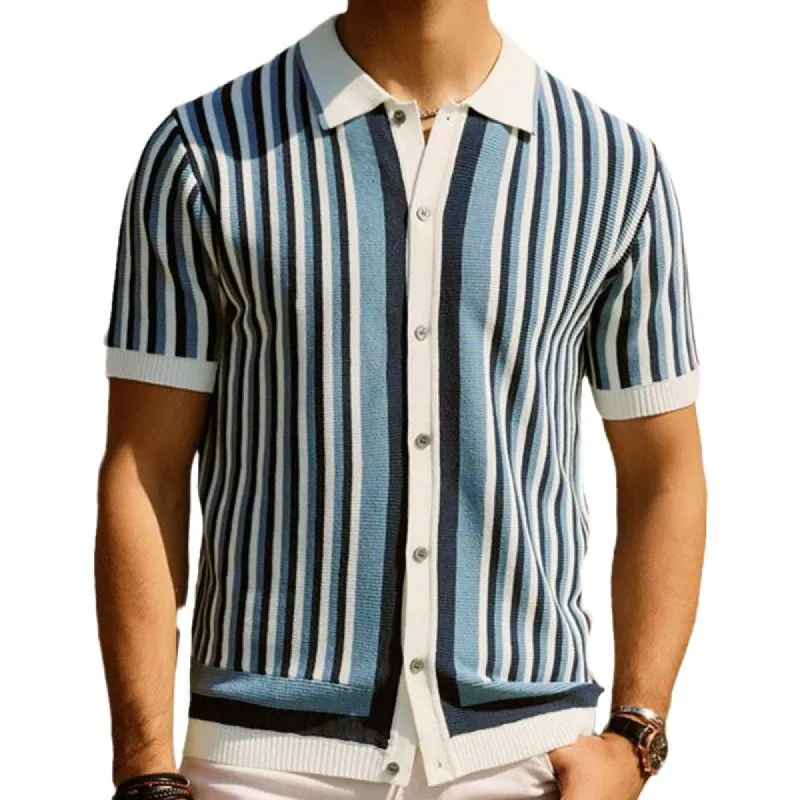Men's Casual Ice Silk Striped Knitted Lapel Short-Sleeved Cardigan 08944932M sold by Manly