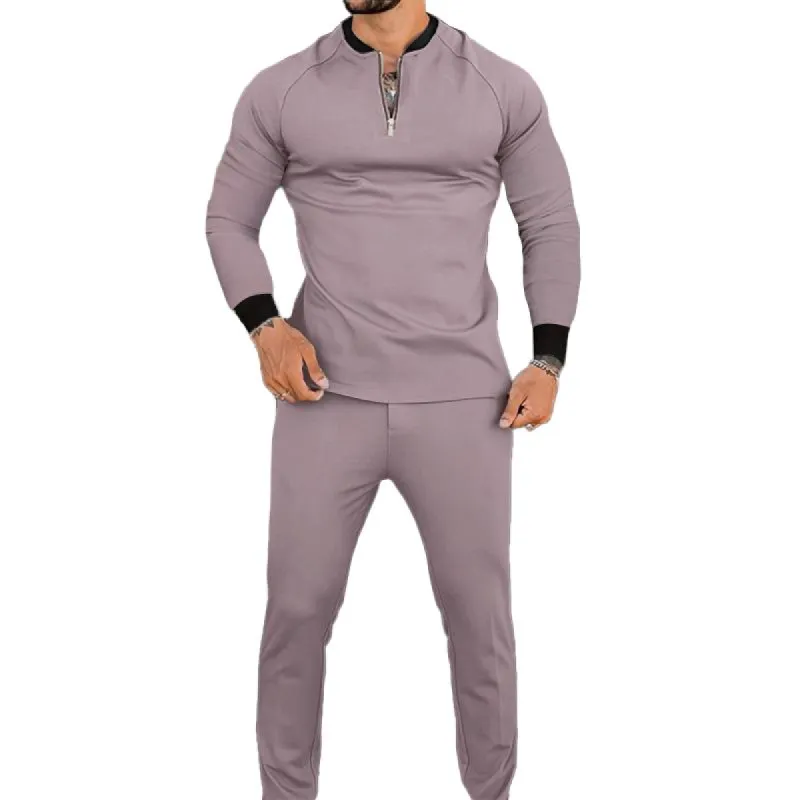 Men's Zipper Round Collar Long Sleeve T-shirt Trousers Sports Set 85874407Z sold by Manly