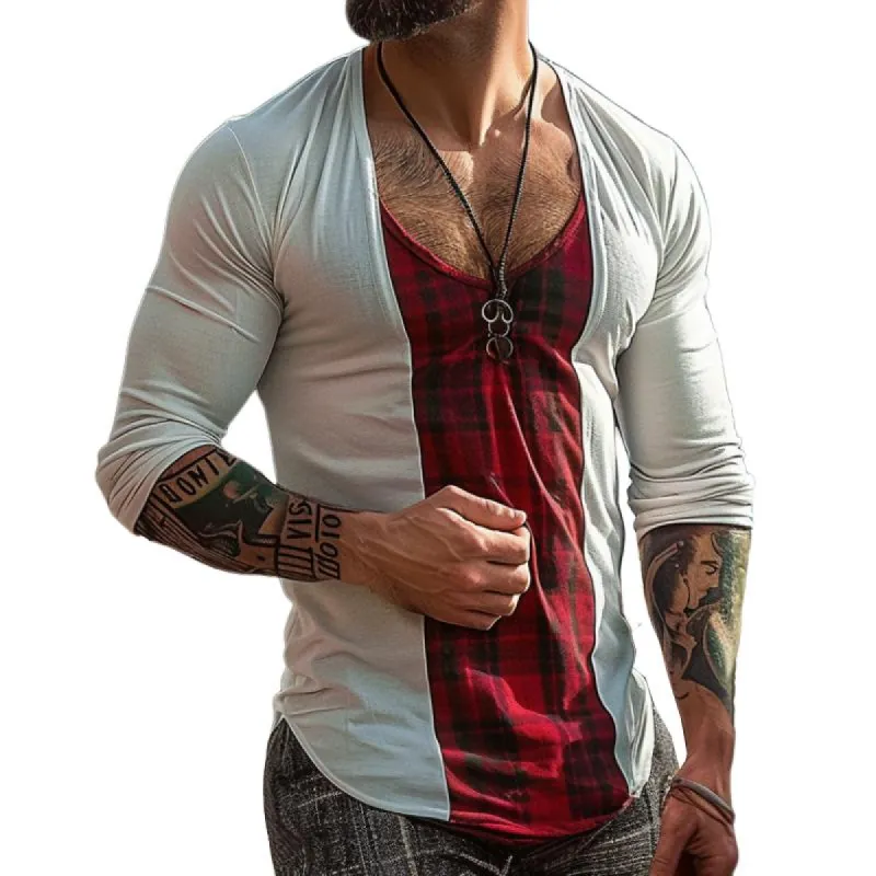 Men's Casual Plaid Stitching Round Neck T-Shirt 55456251TO sold by Manly