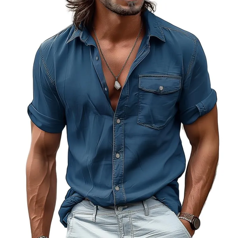 Men's Solid Lapel Short Sleeve Breast Pocket Shirt 55822908Z sold by Manly