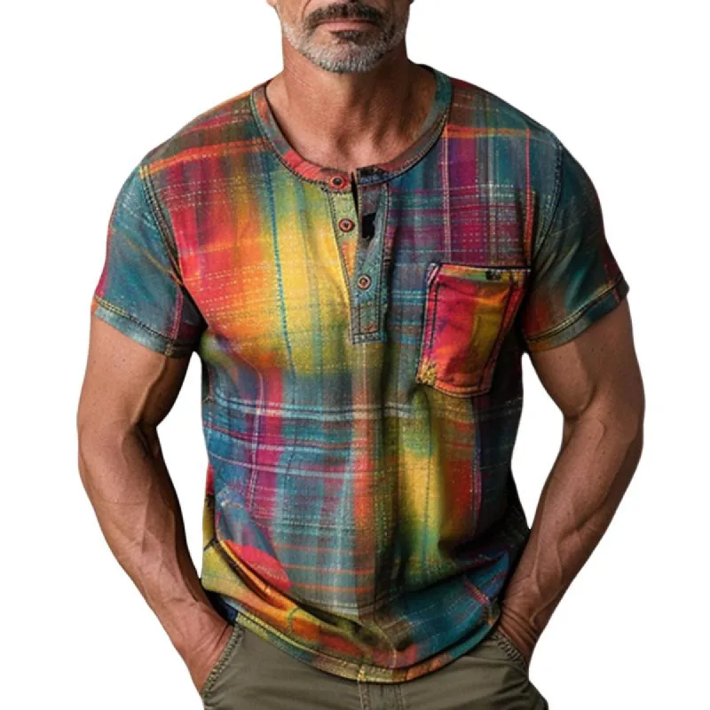 Men's Rainbow Print Button Round Neck Short Sleeve T-Shirt 31385664X sold by Manly