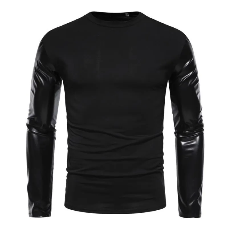 Men's Casual Round Neck Leather Sleeve Long Sleeve T-Shirt 67052634X sold by Manly