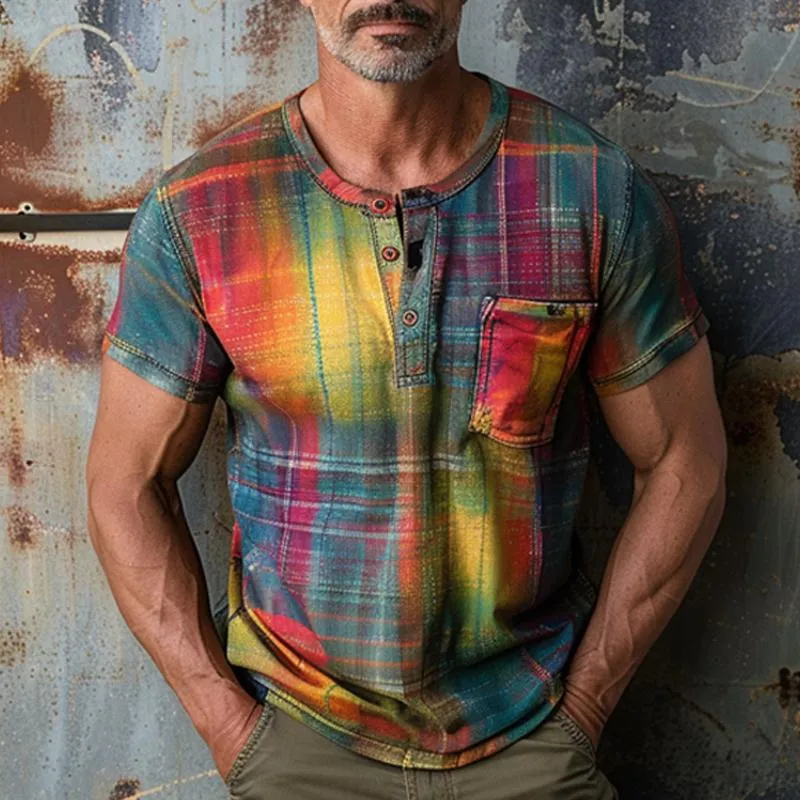 Men's Rainbow Print Button Round Neck Short Sleeve T-Shirt 31385664X sold by Manly product image thumbnail 4