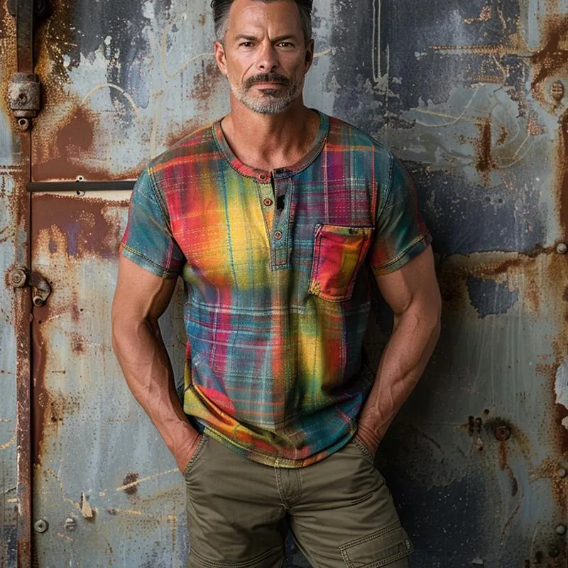 Men's Rainbow Print Button Round Neck Short Sleeve T-Shirt 31385664X sold by Manly product image thumbnail 2