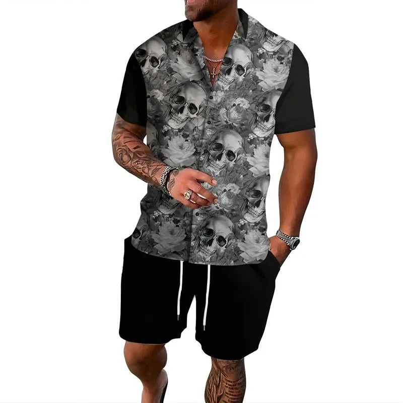 Men's Skull Print Lapel Button Shirt Short Sleeve Board Shorts Set 52812078X sold by Manly