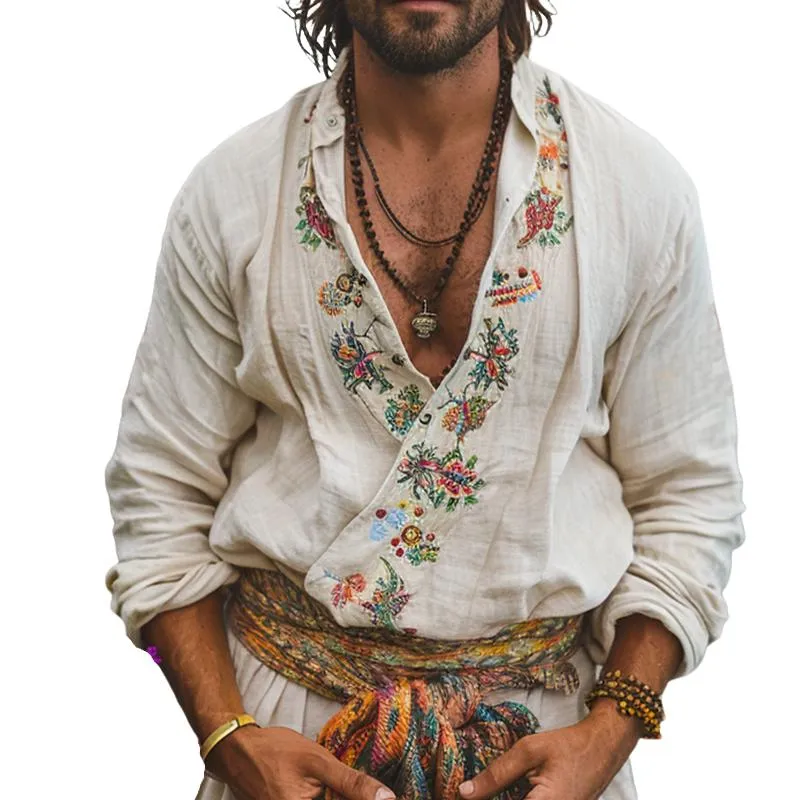 Men's Casual Vintage Embroidered Long Sleeve Shirt 21340241TO sold by Manly