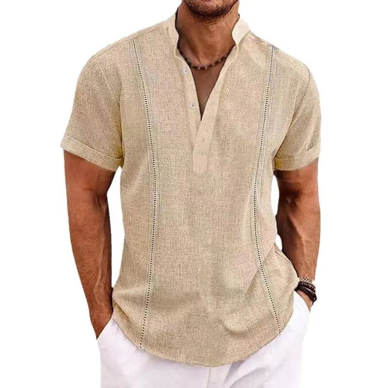 Men's Casual Cotton Linen Stand Collar Pullover Short-Sleeved Shirt 22390311M sold by Manly