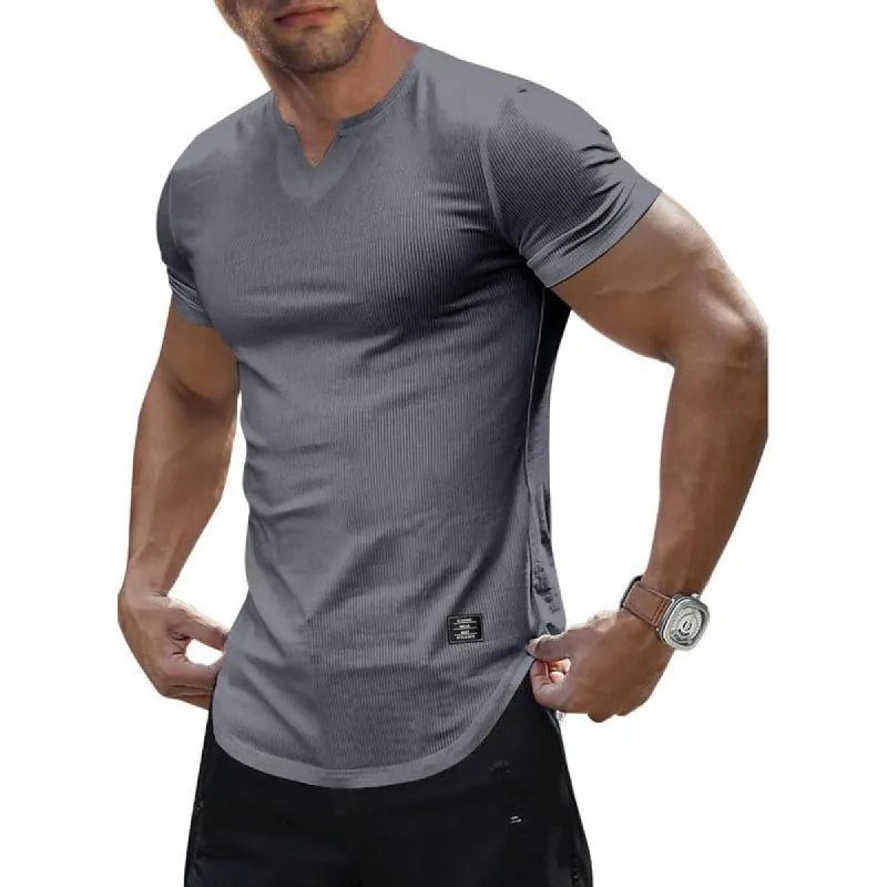 Men's Solid Color Knitted V-neck Short-sleeved T-shirt 07923486X sold by Manly