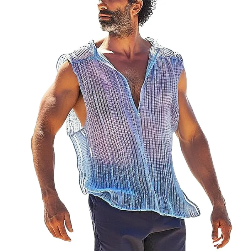 Men's Transparent Pleated V-Neck Sleeveless Tank Top 01675849Y sold by Manly