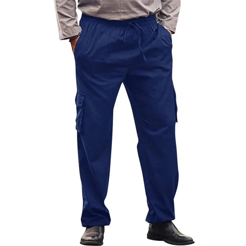 Men's Solid Linen Multi-pocket Elastic Waist Casual Trousers 85031210Z sold by Manly