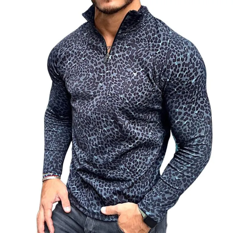 Men's Retro Casual Leopard Print Zipper Long Sleeve T-Shirt 66118769TO sold by Manly
