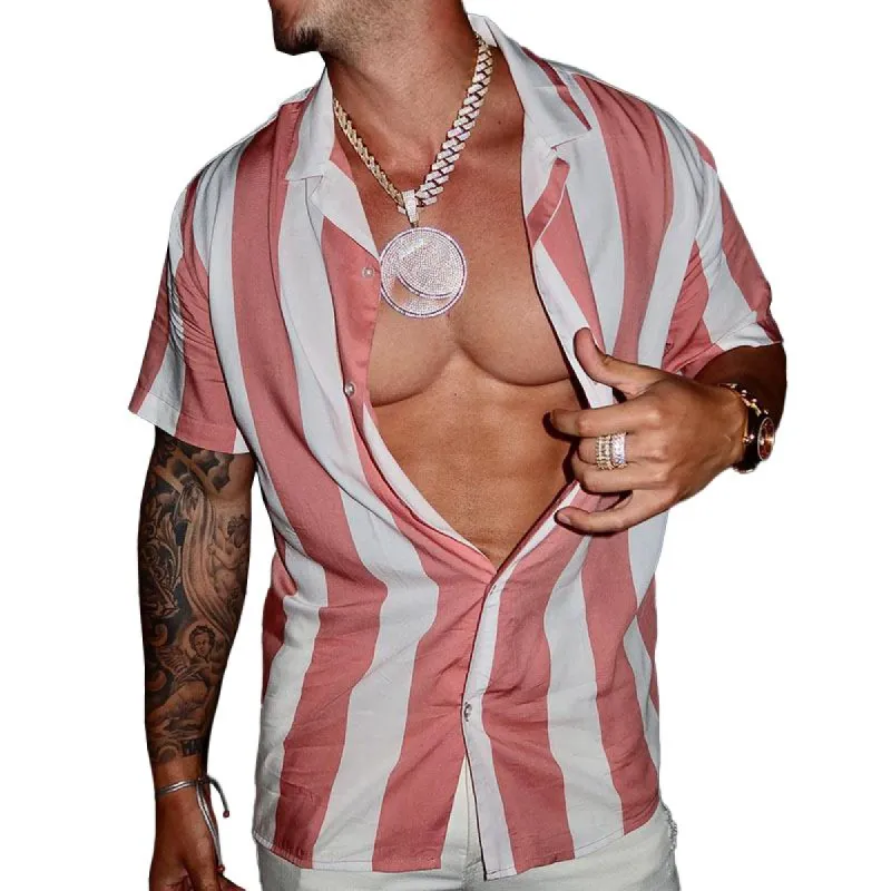 Men's Striped Lapel Short Sleeve Single Breasted Shirt 93491113Z sold by Manly