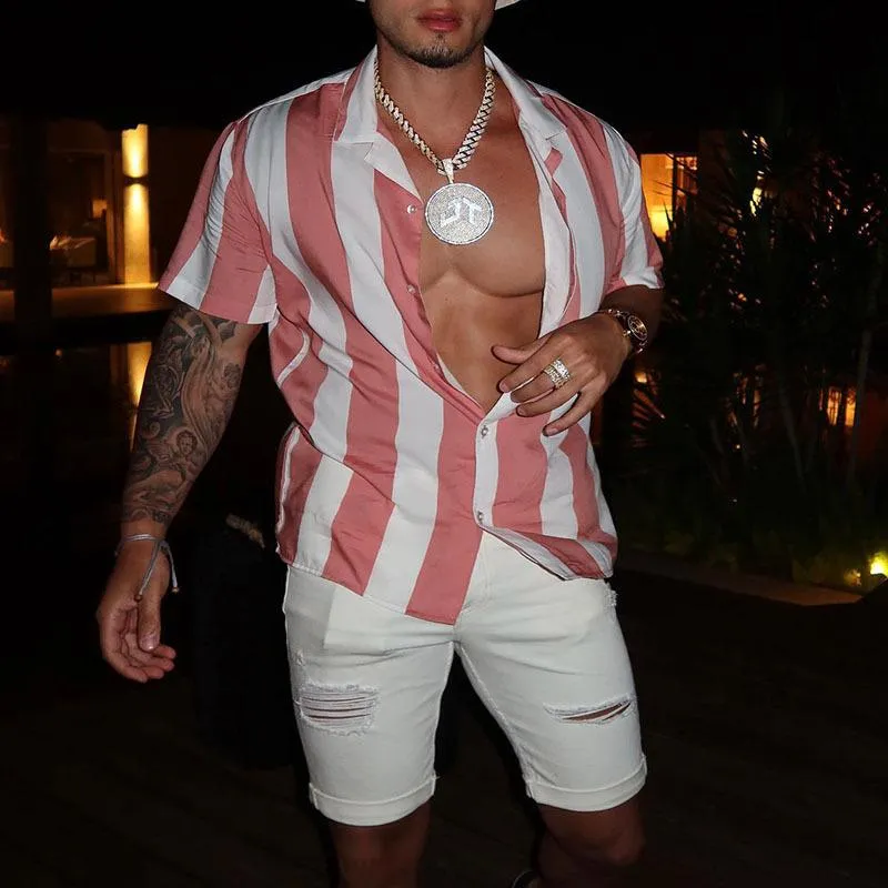 Men's Striped Lapel Short Sleeve Single Breasted Shirt 93491113Z sold by Manly product image thumbnail 3