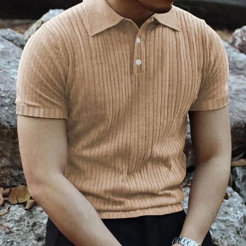 Men's Casual Solid Color Striped Lapel Short Sleeve Polo Shirt 31479599M sold by Manly product image thumbnail 3