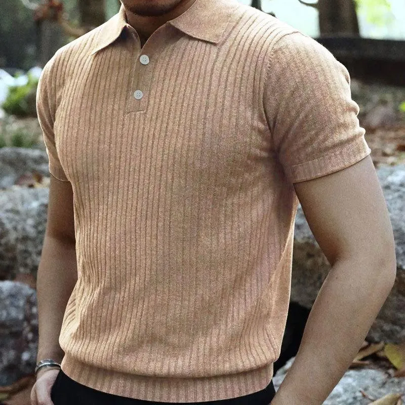 Men's Casual Solid Color Striped Lapel Short Sleeve Polo Shirt 31479599M sold by Manly product image thumbnail 2