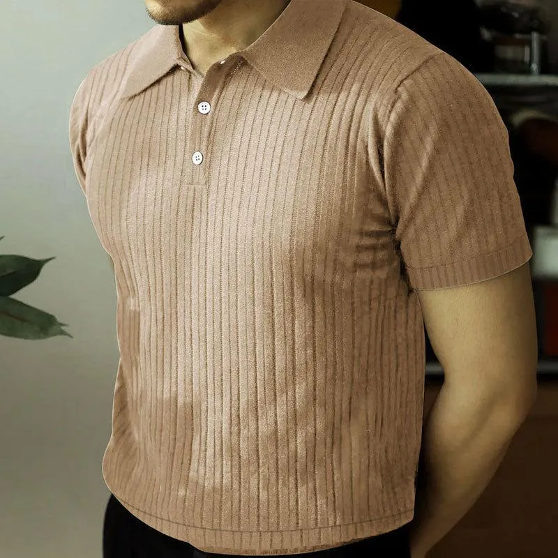 Men's Casual Solid Color Striped Lapel Short Sleeve Polo Shirt 31479599M sold by Manly product image thumbnail 5