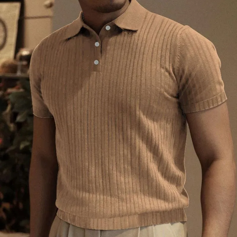 Men's Casual Solid Color Striped Lapel Short Sleeve Polo Shirt 31479599M sold by Manly product image thumbnail 4