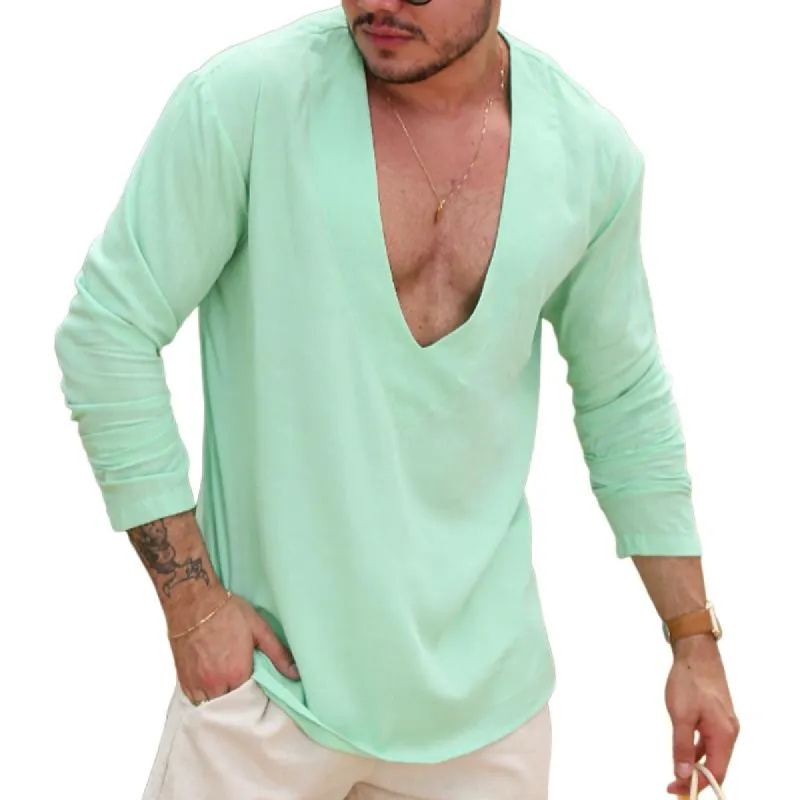 Men's Solid Color V Neck Long Sleeve T-shirt 37942877Z sold by Manly
