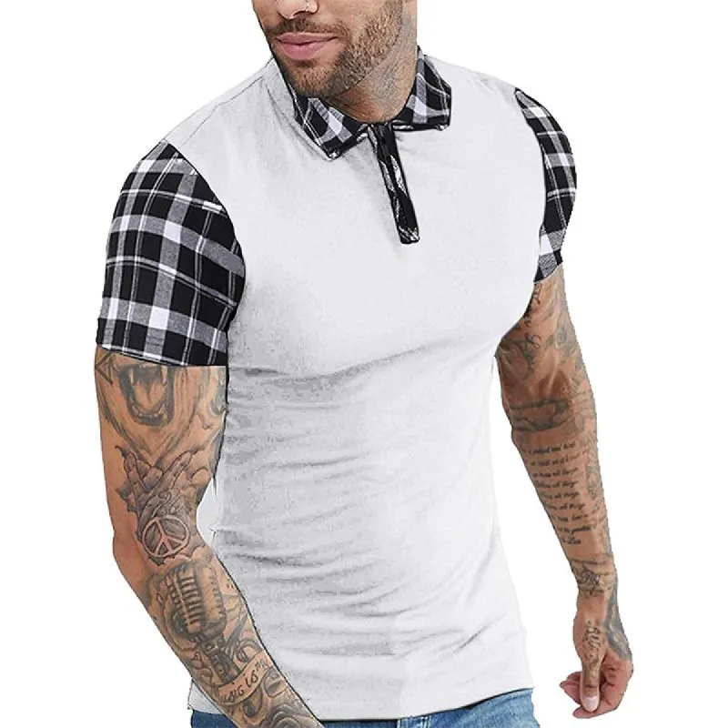 Men's Casual Patchwork Plaid Lapel Short-Sleeved Polo Shirt 77588367M sold by Manly