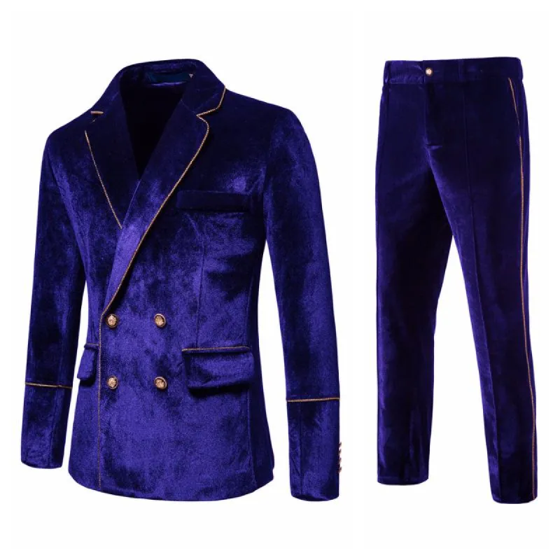 Men's Vintage Contrast Trim Velvet Double Breasted Wedding Blazer Pants Suit 01449780M made by Manly