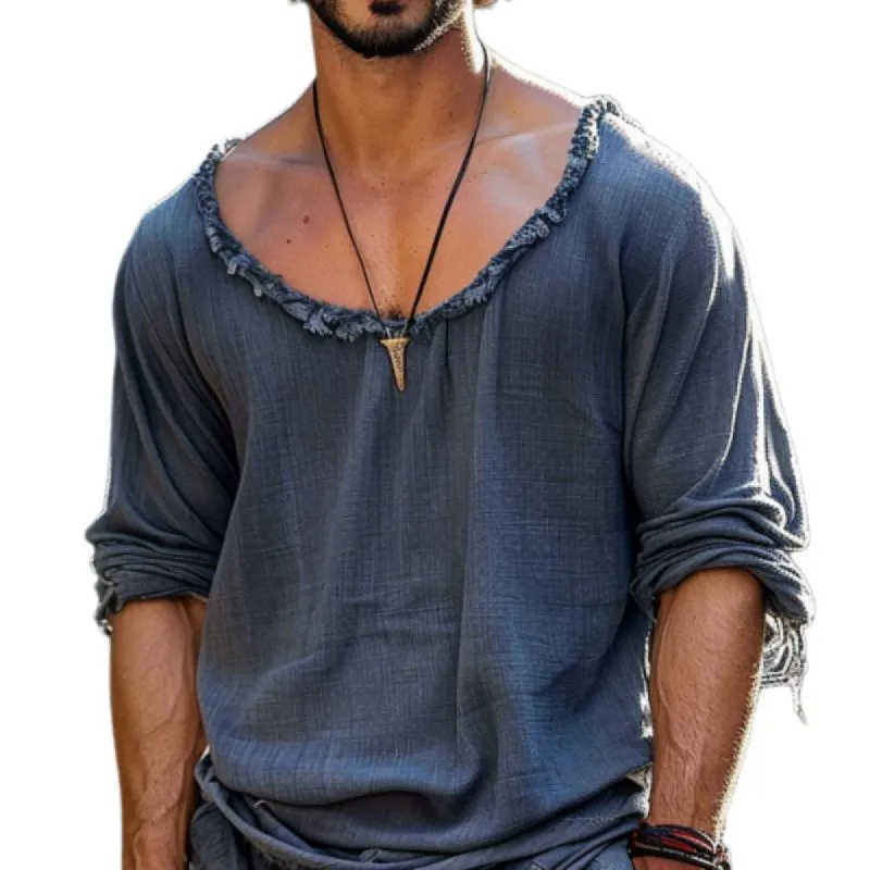 Men's Casual Cotton Washed Raw Edge Round Neck Loose Long Sleeve T-shirt 45697777M sold by Manly