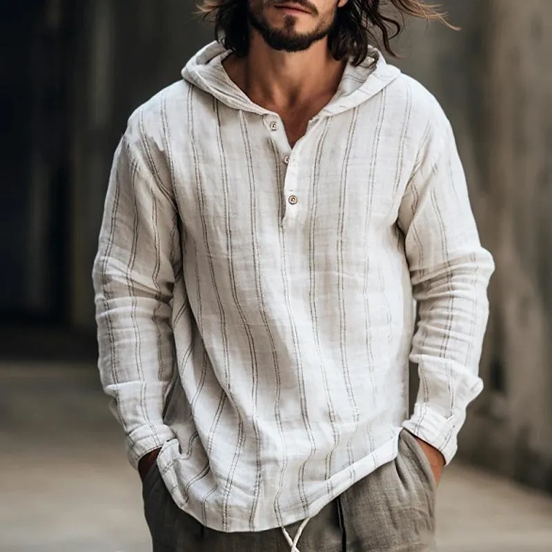 Men's Casual Cotton Linen Striped Loose Hooded Long Sleeve Shirt 46637481Y sold by Manly product image thumbnail 2