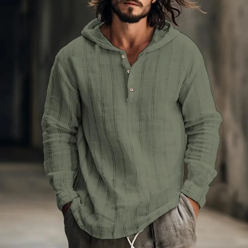 Men's Casual Cotton Linen Striped Loose Hooded Long Sleeve Shirt 46637481Y sold by Manly product image thumbnail 4