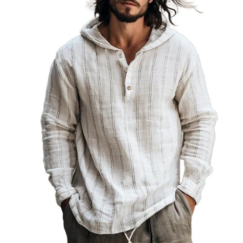 Men's Casual Cotton Linen Striped Loose Hooded Long Sleeve Shirt 46637481Y sold by Manly
