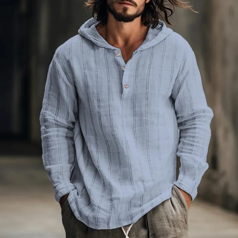 Men's Casual Cotton Linen Striped Loose Hooded Long Sleeve Shirt 46637481Y sold by Manly product image thumbnail 3