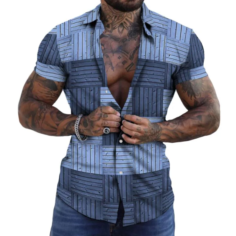 Men's Casual Geometric Patchwork Lapel Short-sleeved Shirt 28157151TO sold by Manly