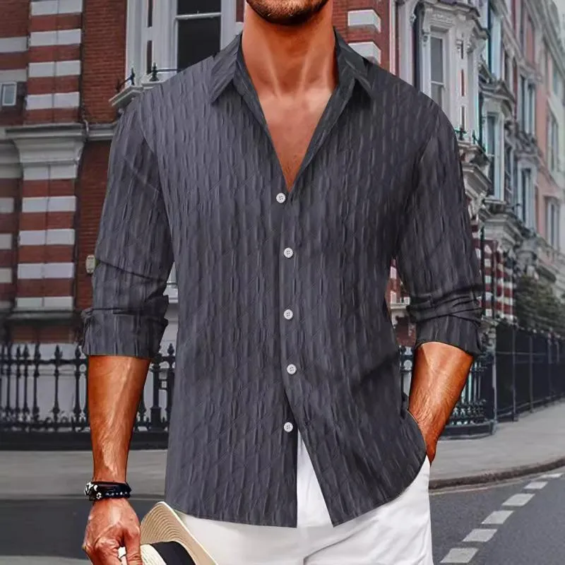 Men's Solid Color Textured Lapel Long Sleeve Shirt 50369915Z sold by Manly product image thumbnail 5