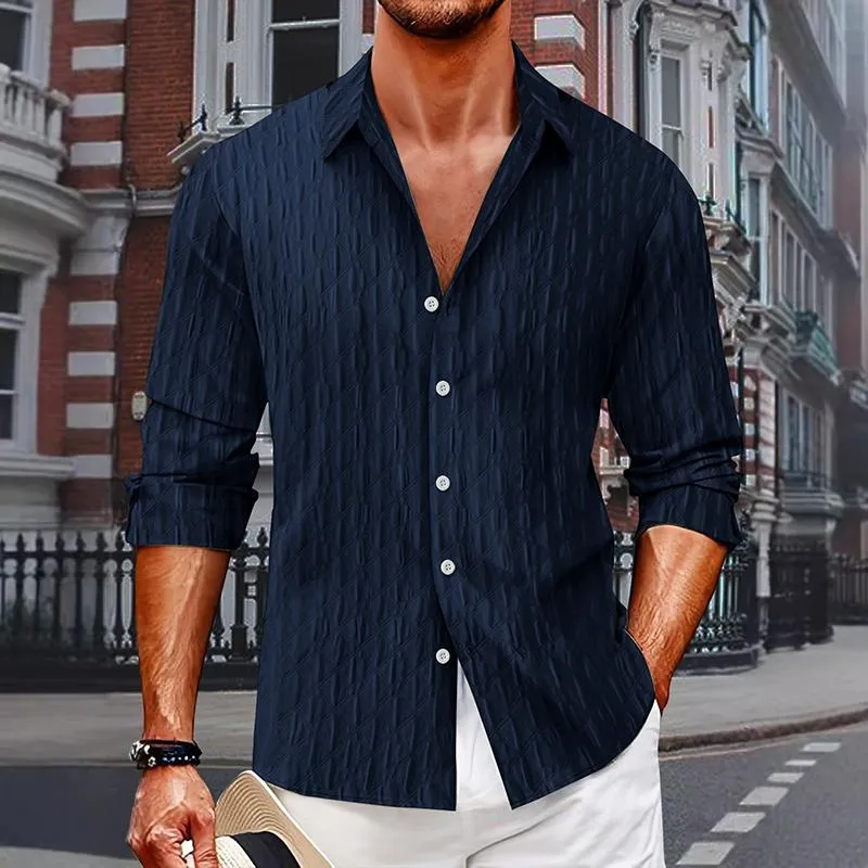 Men's Solid Color Textured Lapel Long Sleeve Shirt 50369915Z sold by Manly product image thumbnail 4