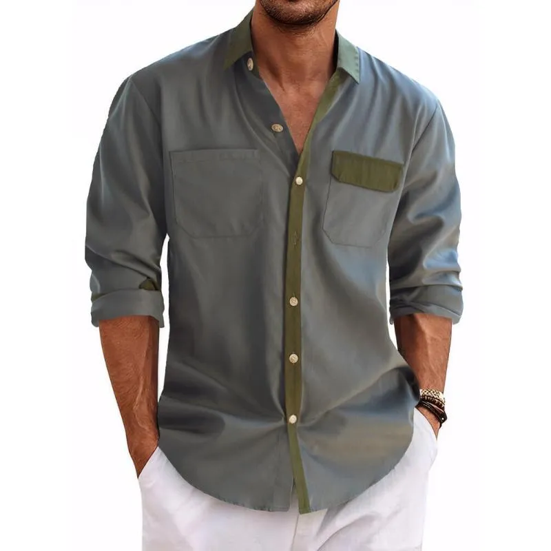 Men's Casual Colorblock Lapel Double Pocket Slim Fit Long Sleeve Shirt 88716368M sold by Manly