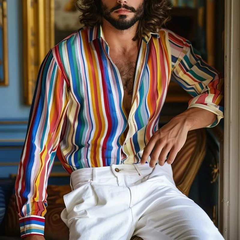 Men's Rainbow Striped Lapel Long Sleeve Shirt 81608201Z sold by Manly product image thumbnail 2