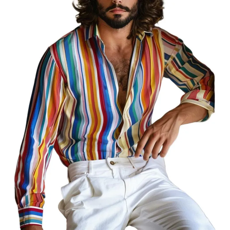 Men's Rainbow Striped Lapel Long Sleeve Shirt 81608201Z made by Manly
