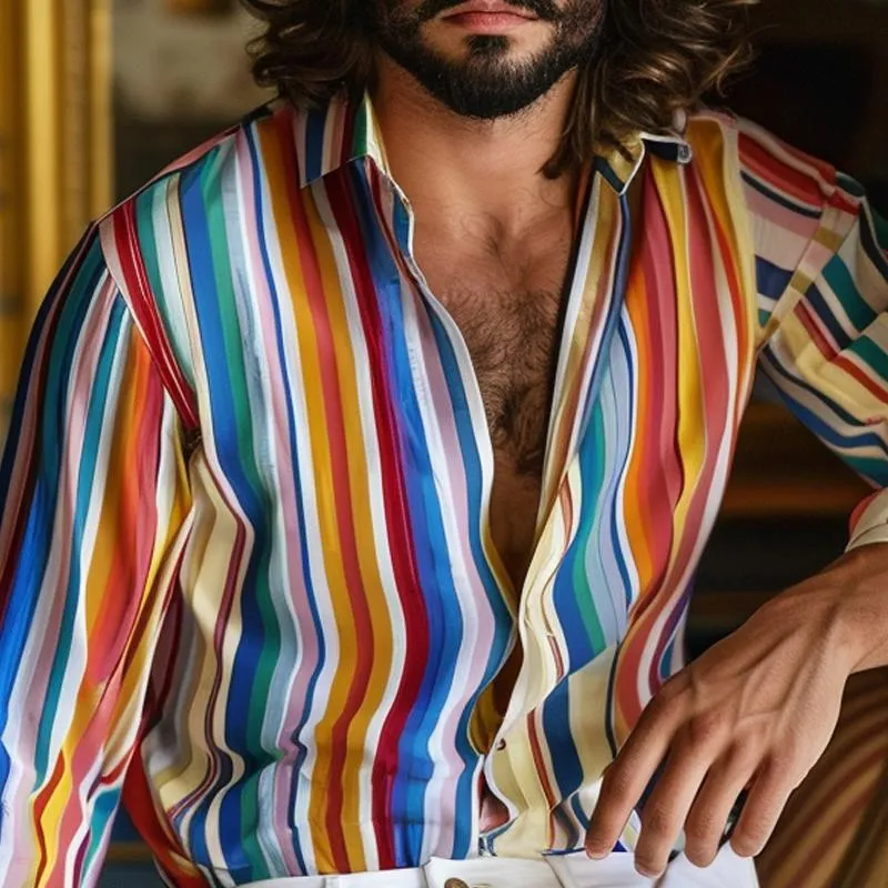 Men's Rainbow Striped Lapel Long Sleeve Shirt 81608201Z sold by Manly product image thumbnail 3