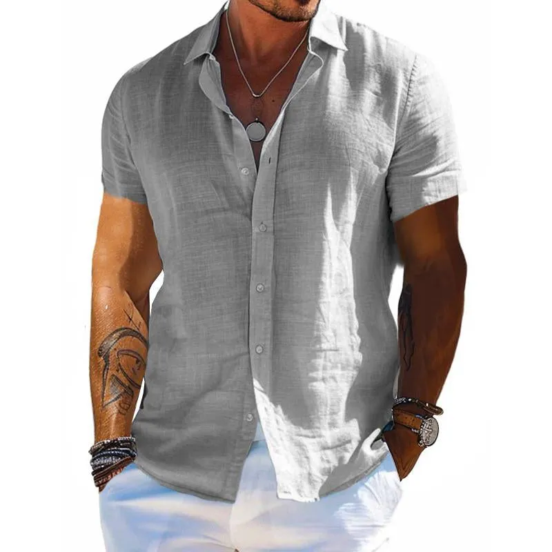 Men's Cotton and Linen Solid Color Lapel Short-sleeved Shirt 38995060X sold by Manly