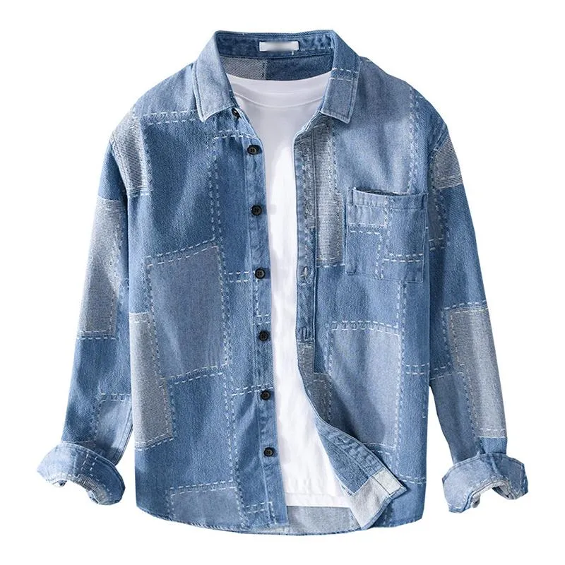 Men's Casual Cotton Contrast Lapel Slim Long Sleeve Denim Shirt 25905998M sold by Manly