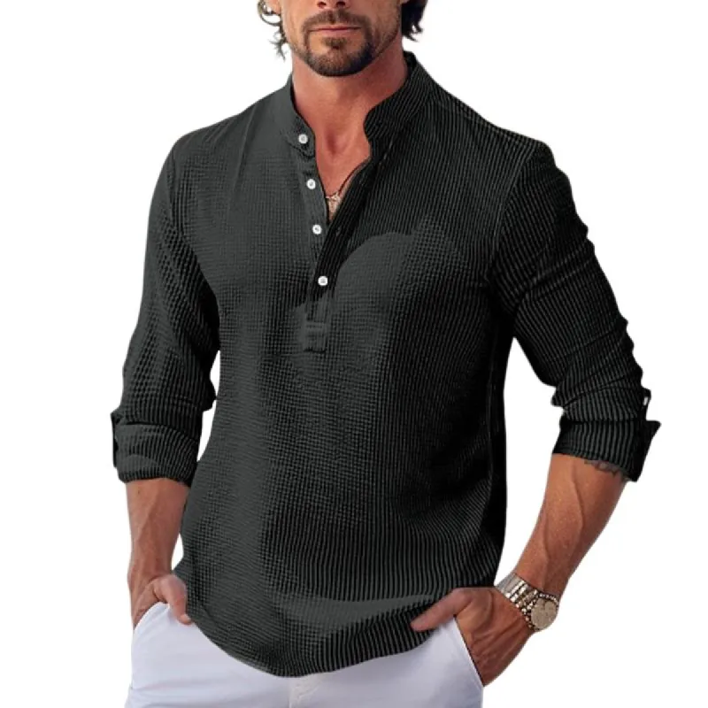 Men's Waffle Stand Collar Rolled Sleeve Long Sleeve Shirt 19984852Y sold by Manly