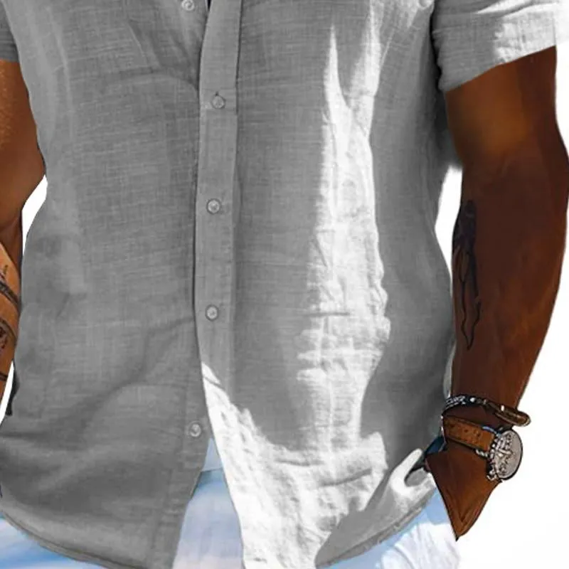 Men's Cotton and Linen Solid Color Lapel Short-sleeved Shirt 38995060X sold by Manly product image thumbnail 3