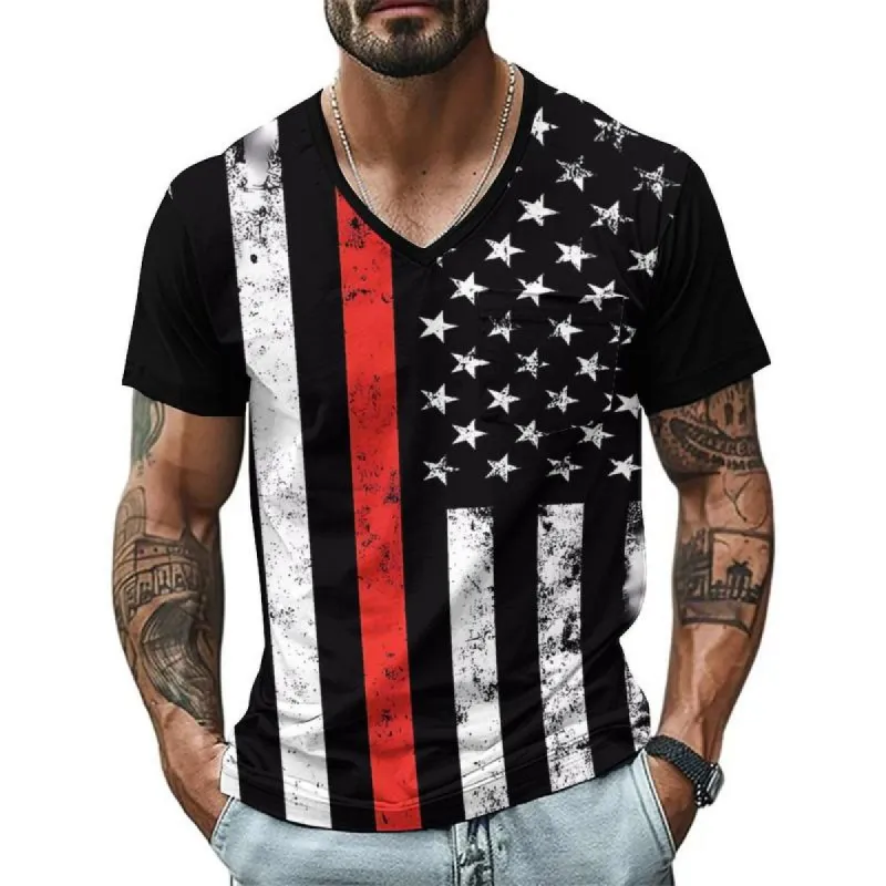 Men's V-Neck Flag Print Short-Sleeved T-Shirt 86666094Y sold by Manly
