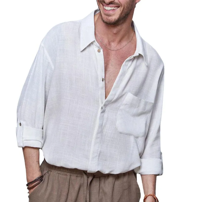 Men's Solid Loose Lapel Single Breasted Long Sleeve Shirt 64968071Z sold by Manly