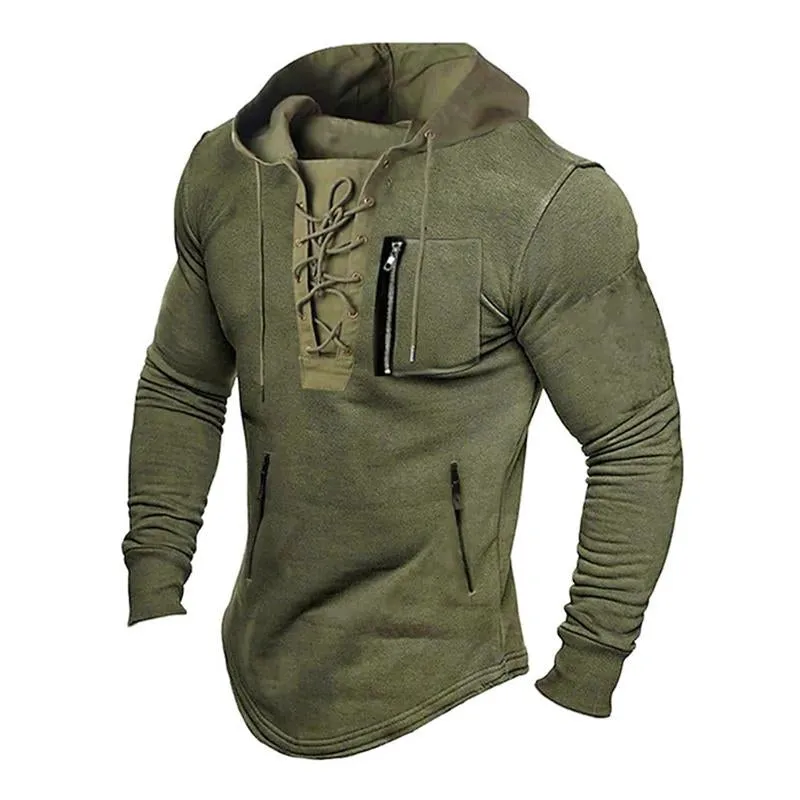 Men's Casual Solid Color Lace-Up Multi-pocket Pullover Hoodie 36766275M sold by Manly