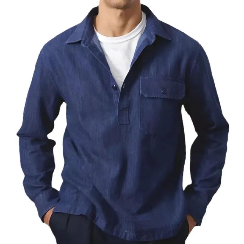 Men's Loose Lapel Solid Color Denim Long Sleeve Shirt 21428812Y sold by Manly