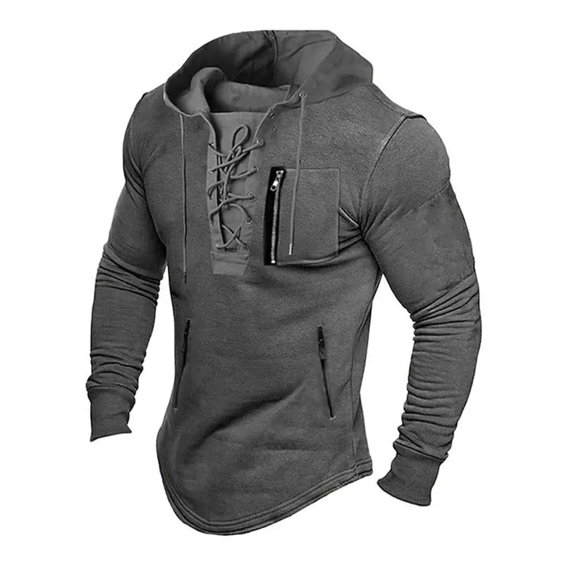 Men's Casual Solid Color Lace-Up Multi-pocket Pullover Hoodie 36766275M sold by Manly product image thumbnail 3
