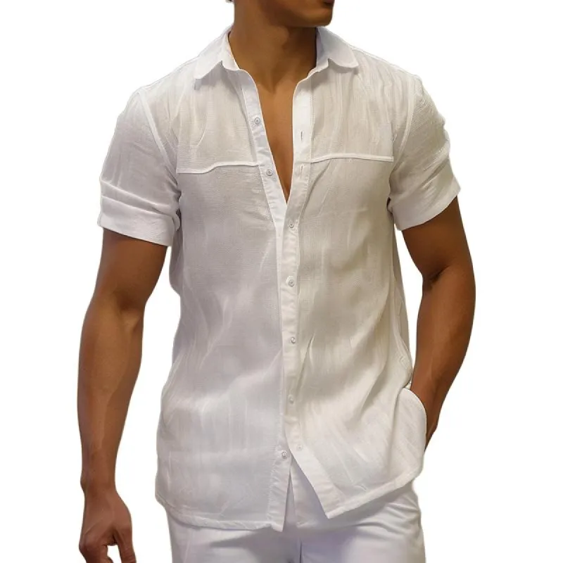 Men's Casual Stitching Solid Color Lapel Shirt 44591924TO sold by Manly